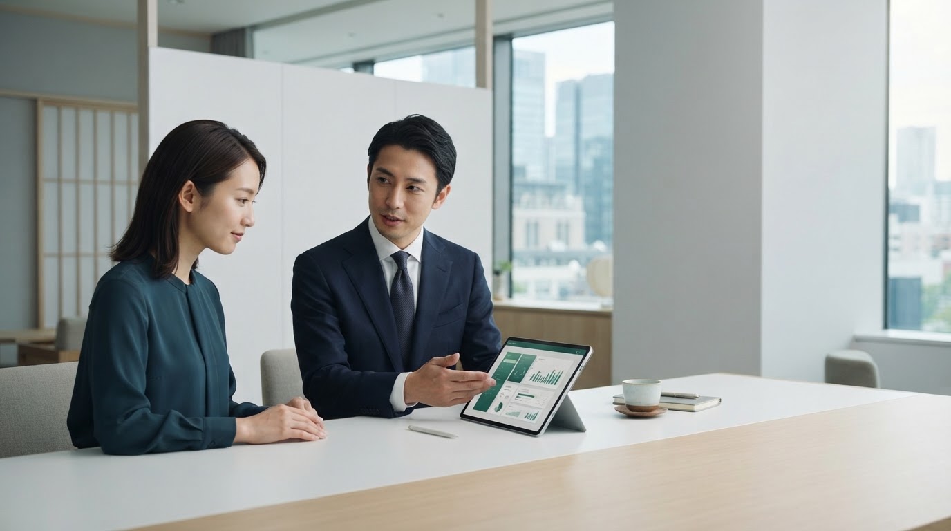 RonezaroのAI資産分析プラットフォームを示す、落ち着いたエメラルドとグレーのデータビジュアル